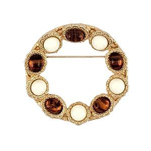 Paradise Signed Vintage Gold Tone White And Brown Glass Cabochon Brooch